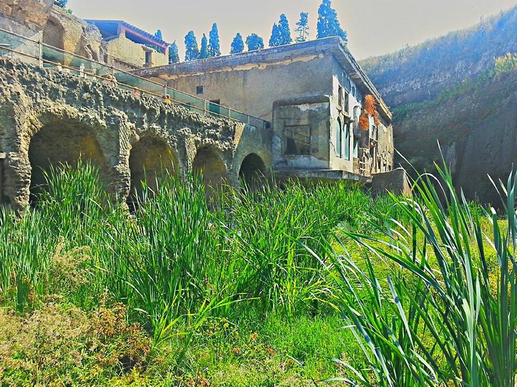 Beachfront, Herculaneum, photo taken between October 2014 and November 2019. 
Looking east along the beachfront and line of boatsheds towards the Suburban Baths. Photo courtesy of Giuseppe Ciaramella.